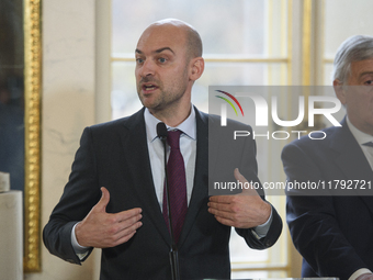 French Foreign Minister Jean-Noel Barrot gestures as he speaks during the EU's Big Five press conference after talks in Warsaw, Poland, on N...