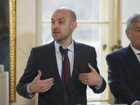 French Foreign Minister Jean-Noel Barrot gestures as he speaks during the EU's Big Five press conference after talks in Warsaw, Poland, on N...