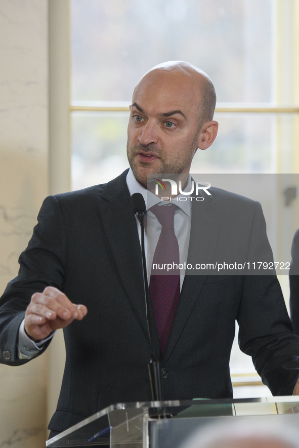 French Foreign Minister Jean-Noel Barrot gestures as he speaks during the EU's Big Five press conference after talks in Warsaw, Poland, on N...