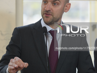 French Foreign Minister Jean-Noel Barrot gestures as he speaks during the EU's Big Five press conference after talks in Warsaw, Poland, on N...