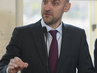 French Foreign Minister Jean-Noel Barrot gestures as he speaks during the EU's Big Five press conference after talks in Warsaw, Poland, on N...