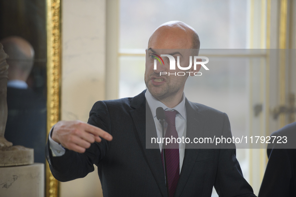 French Foreign Minister Jean-Noel Barrot gestures as he speaks during the EU's Big Five press conference after talks in Warsaw, Poland, on N...