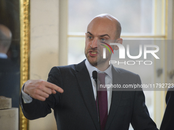 French Foreign Minister Jean-Noel Barrot gestures as he speaks during the EU's Big Five press conference after talks in Warsaw, Poland, on N...