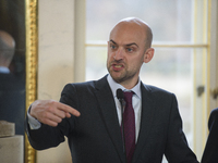 French Foreign Minister Jean-Noel Barrot gestures as he speaks during the EU's Big Five press conference after talks in Warsaw, Poland, on N...