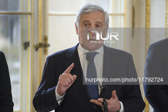 Italian Foreign Minister Antonio Tajani gestures as he speaks during the EU's Big Five press conference after talks in Warsaw, Poland, on No...