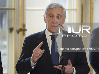 Italian Foreign Minister Antonio Tajani gestures as he speaks during the EU's Big Five press conference after talks in Warsaw, Poland, on No...