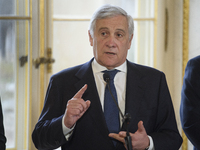 Italian Foreign Minister Antonio Tajani gestures as he speaks during the EU's Big Five press conference after talks in Warsaw, Poland, on No...