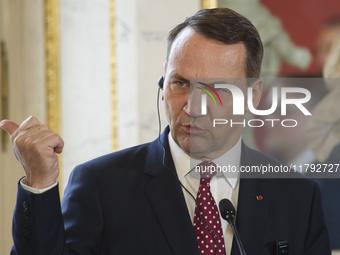 Polish Minister of Foreign Affairs Radoslaw Sikorski gestures as he addresses the media during the EU's Big Five press conference after talk...