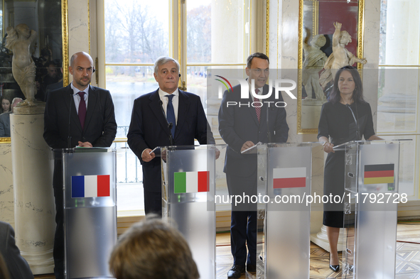 From left to right, French Foreign Minister Jean-Noel Barrot, Italian Foreign Minister Antonio Tajani, Polish Foreign Minister Radoslaw Siko...