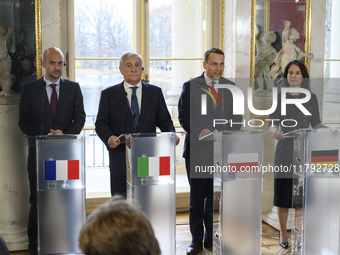 From left to right, French Foreign Minister Jean-Noel Barrot, Italian Foreign Minister Antonio Tajani, Polish Foreign Minister Radoslaw Siko...