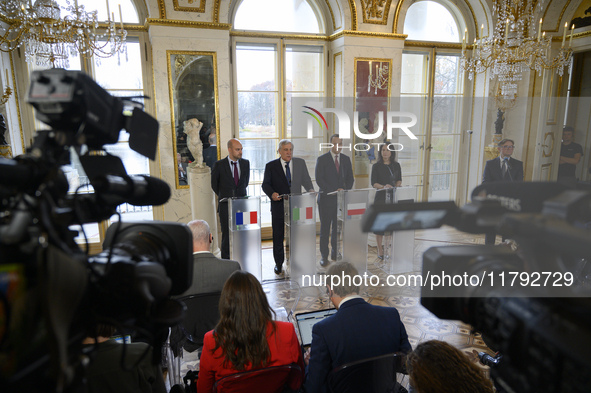 From left to right, French Foreign Minister Jean-Noel Barrot, Italian Foreign Minister Antonio Tajani, Polish Foreign Minister Radoslaw Siko...