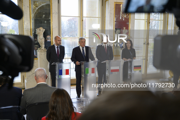 From left to right, French Foreign Minister Jean-Noel Barrot, Italian Foreign Minister Antonio Tajani, Polish Foreign Minister Radoslaw Siko...