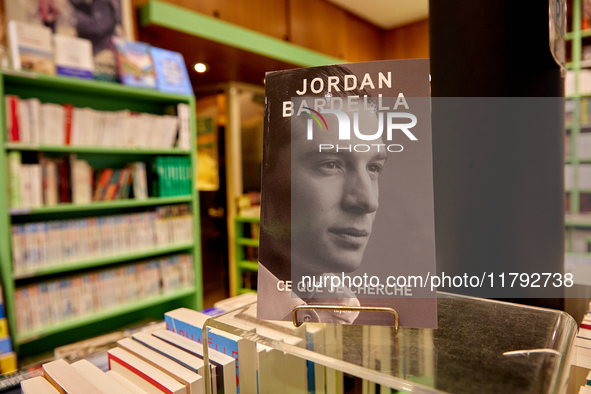 This photograph, taken on November 9, 2024, shows the first book by Jordan Bardella, president of the French far-right Rassemblement Nationa...