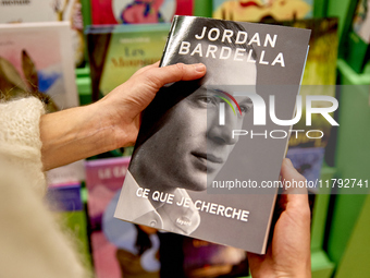 This photograph, taken on November 9, 2024, shows the first book by Jordan Bardella, president of the French far-right Rassemblement Nationa...