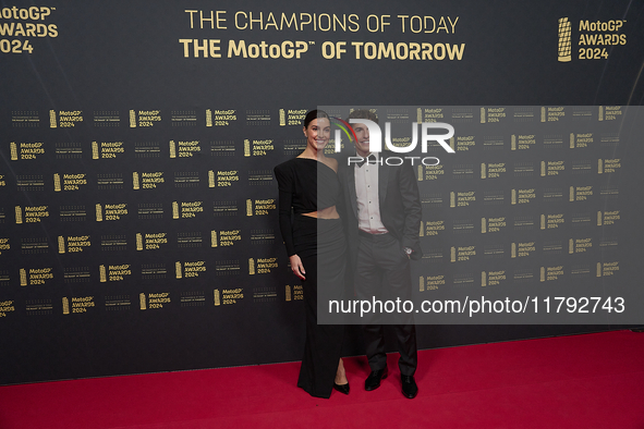 Marc Marquez of Spain and Gresini Racing Moto GP Ducati with his girlfriend Gemma Pinto on the red carpet before the MotoGP Awards 2024 at t...