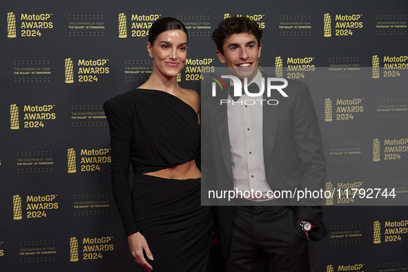 Marc Marquez of Spain and Gresini Racing Moto GP Ducati with his girlfriend Gemma Pinto on the red carpet before the MotoGP Awards 2024 at t...