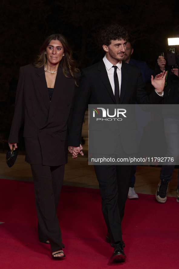 Francesco Pecco Bagnaia of Italy and Ducati Lenovo Team with his wife Domizia Castagnini on the red carpet during the MotoGP Awards 2024 at...