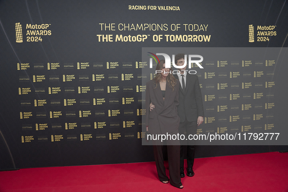 Francesco Pecco Bagnaia of Italy and Ducati Lenovo Team with his wife Domizia Castagnini on the red carpet during the MotoGP Awards 2024 at...