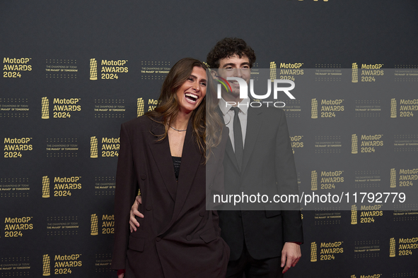 Francesco Pecco Bagnaia of Italy and Ducati Lenovo Team with his wife Domizia Castagnini on the red carpet during the MotoGP Awards 2024 at...