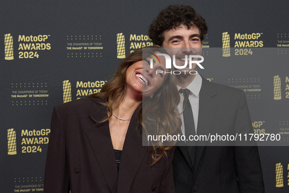 Francesco Pecco Bagnaia of Italy and Ducati Lenovo Team with his wife Domizia Castagnini on the red carpet during the MotoGP Awards 2024 at...