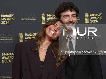 Francesco Pecco Bagnaia of Italy and Ducati Lenovo Team with his wife Domizia Castagnini on the red carpet during the MotoGP Awards 2024 at...