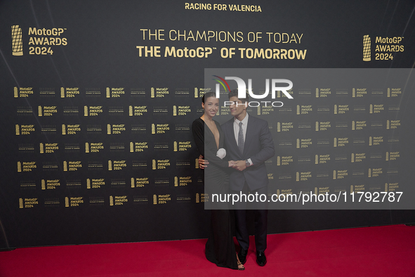 Jorge Martin of Spain and Prima Pramac Racing Ducati with his girlfriend Maria Monfort on the red carpet during the MotoGP Awards 2024 at th...