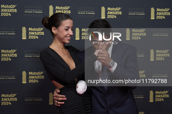 Jorge Martin of Spain and Prima Pramac Racing Ducati with his girlfriend Maria Monfort on the red carpet during the MotoGP Awards 2024 at th...