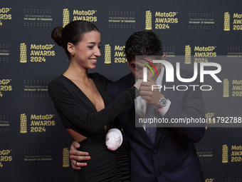 Jorge Martin of Spain and Prima Pramac Racing Ducati with his girlfriend Maria Monfort on the red carpet during the MotoGP Awards 2024 at th...