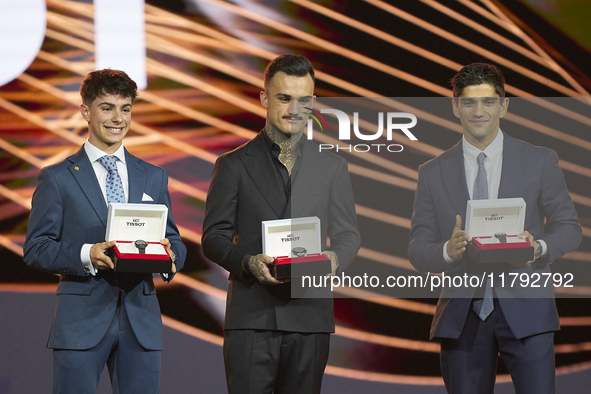 Trophy Pole of Poles by (L) David Alonso of Moto3, (C) Aaron Canet of Moto2 and (R) Jorge Martin of MotoGP during the MotoGP Awards 2024 at...