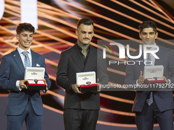 Trophy Pole of Poles by (L) David Alonso of Moto3, (C) Aaron Canet of Moto2 and (R) Jorge Martin of MotoGP during the MotoGP Awards 2024 at...