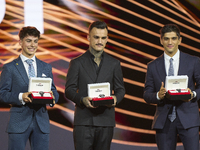 Trophy Pole of Poles by (L) David Alonso of Moto3, (C) Aaron Canet of Moto2 and (R) Jorge Martin of MotoGP during the MotoGP Awards 2024 at...