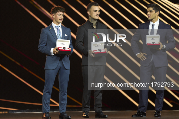 Trophy Pole of Poles by (L) David Alonso of Moto3, (C) Aaron Canet of Moto2 and (R) Jorge Martin of MotoGP during the MotoGP Awards 2024 at...