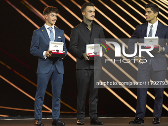 Trophy Pole of Poles by (L) David Alonso of Moto3, (C) Aaron Canet of Moto2 and (R) Jorge Martin of MotoGP during the MotoGP Awards 2024 at...