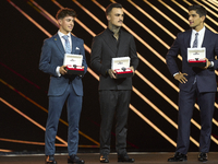 Trophy Pole of Poles by (L) David Alonso of Moto3, (C) Aaron Canet of Moto2 and (R) Jorge Martin of MotoGP during the MotoGP Awards 2024 at...