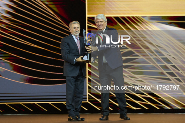 Angel Martinez Aspar with the trophy as Best Team of Moto3 during the MotoGP Awards 2024 at the Museu Nacional d'Art de Catalunya on Novembe...