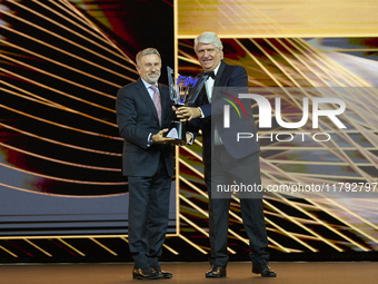 Angel Martinez Aspar with the trophy as Best Team of Moto3 during the MotoGP Awards 2024 at the Museu Nacional d'Art de Catalunya on Novembe...