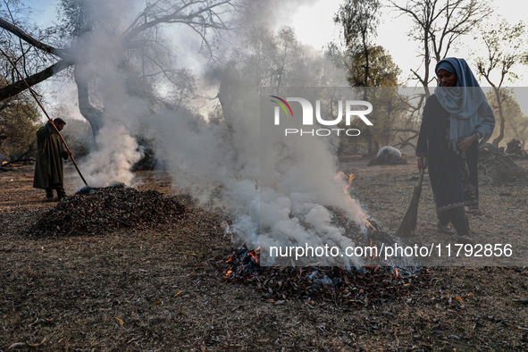 A couple burns dried leaves and twigs of trees to make charcoal on a cold autumn day in Sopore, Jammu and Kashmir, India, on November 19, 20...