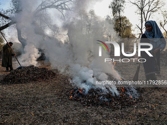 A couple burns dried leaves and twigs of trees to make charcoal on a cold autumn day in Sopore, Jammu and Kashmir, India, on November 19, 20...