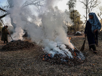 A couple burns dried leaves and twigs of trees to make charcoal on a cold autumn day in Sopore, Jammu and Kashmir, India, on November 19, 20...