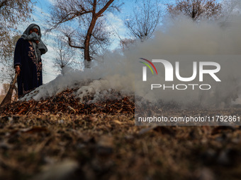 A couple burns dried leaves and twigs of trees to make charcoal on a cold autumn day in Sopore, Jammu and Kashmir, India, on November 19, 20...