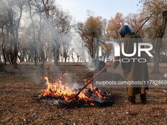 A couple burns dried leaves and twigs of trees to make charcoal on a cold autumn day in Sopore, Jammu and Kashmir, India, on November 19, 20...