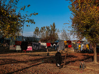 A man sits as clothes are kept for sun drying on an autumn day in Sopore, Jammu and Kashmir, India, on November 19, 2024. (