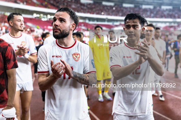 Calvin Verdonk and Arhan Pratama of Indonesia celebrate their victory after the FIFA World Cup Asian 3rd Qualifier Group C match against Sau...