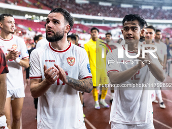 Calvin Verdonk and Arhan Pratama of Indonesia celebrate their victory after the FIFA World Cup Asian 3rd Qualifier Group C match against Sau...