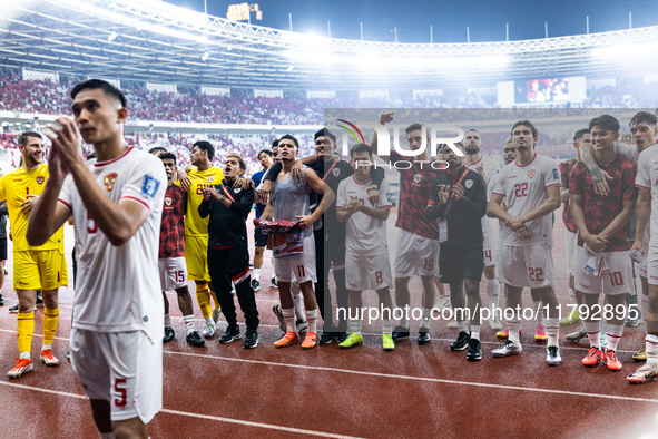 Indonesia players celebrate their victory after the FIFA World Cup Asian 3rd Qualifier Group C match against Saudi Arabia at Gelora Bung Kar...