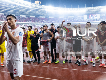 Indonesia players celebrate their victory after the FIFA World Cup Asian 3rd Qualifier Group C match against Saudi Arabia at Gelora Bung Kar...