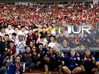 Indonesia players celebrate their victory after the FIFA World Cup Asian 3rd Qualifier Group C match against Saudi Arabia at Gelora Bung Kar...