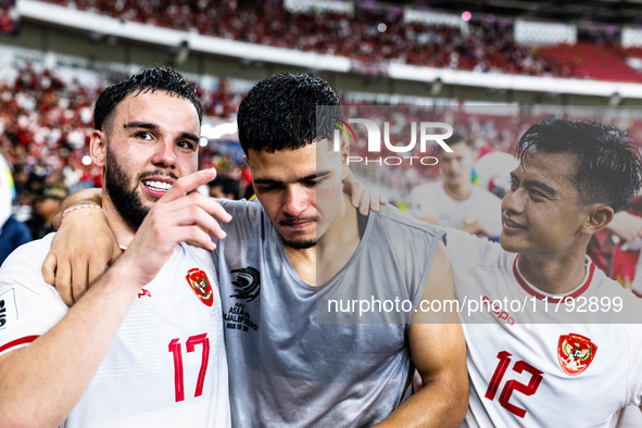 Calvin Verdonk, Ragnar Oratmangoen, and Arhan Pratama of Indonesia celebrate their victory after the FIFA World Cup Asian 3rd Qualifier Grou...