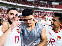 Calvin Verdonk, Ragnar Oratmangoen, and Arhan Pratama of Indonesia celebrate their victory after the FIFA World Cup Asian 3rd Qualifier Grou...