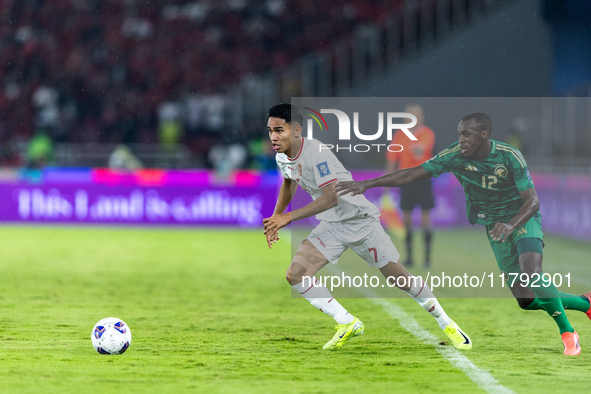 Marselino Ferdinan of Indonesia is in action during the FIFA World Cup Asian 3rd Qualifier Group C match against Saudi Arabia at Gelora Bung...